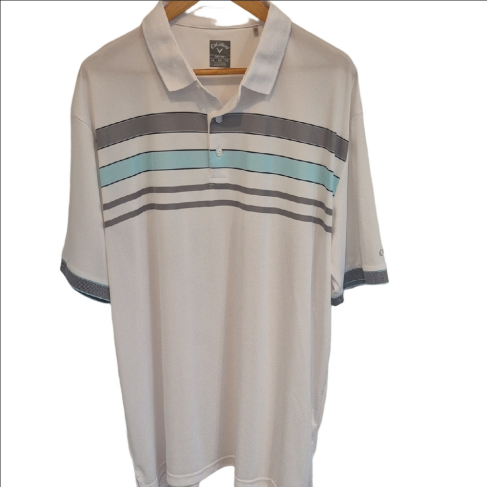 Callaway Engineered Chest Stripe White Polo with Gray and  Blue Stripe Chest